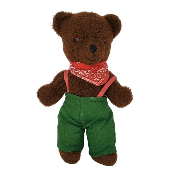Vtg 1980s L.L. Bean Teddy Bear 15” Brown Plush in Green Felt Pants & Red Bandana - Picture 2 of 3